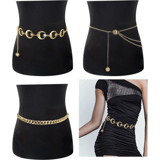 3Pieces Chain Belts For Women Metal Belt Chain Waist Adjustable Body Waist Chain Belly Chain For Dress